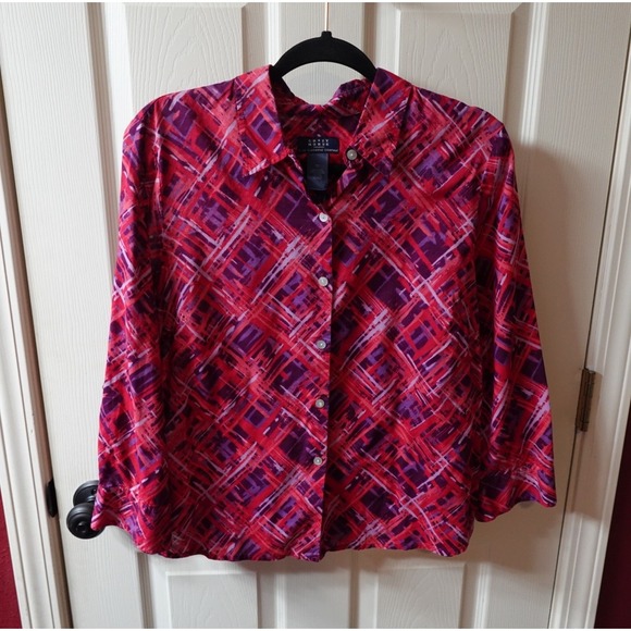 Crazy Horse Tops - Crazy‎ Horse Liz Claiborne Red Purple Abstract Print Cotton Button Down Shirt 12